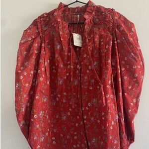 FREE PEOPLE MEANT TO BE RED FLORAL TOP SMALL PRAIRIE COTTAGE CORE NWT RETAIL $98